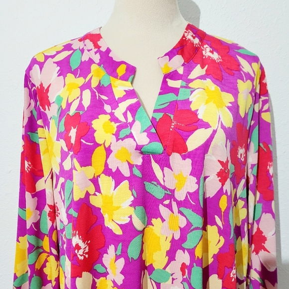 Dear Scarlett Floral Blouse Top Tunic XL Bright Pink Yellow Red Green 3/4 Sleeve - Picture 2 of 12